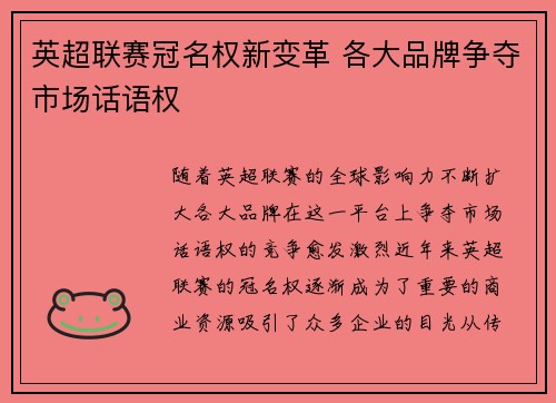 英超联赛冠名权新变革 各大品牌争夺市场话语权