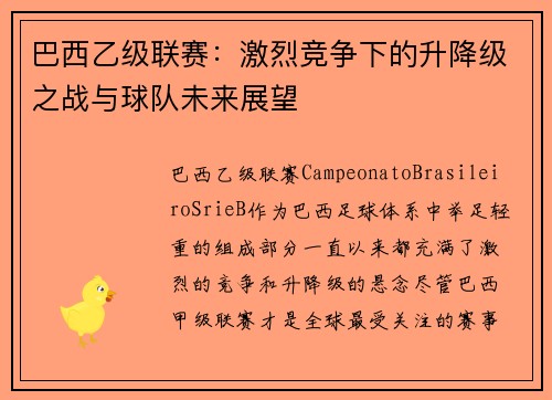 巴西乙级联赛：激烈竞争下的升降级之战与球队未来展望