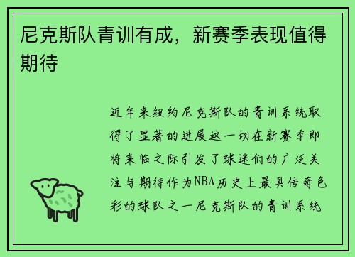 尼克斯队青训有成，新赛季表现值得期待