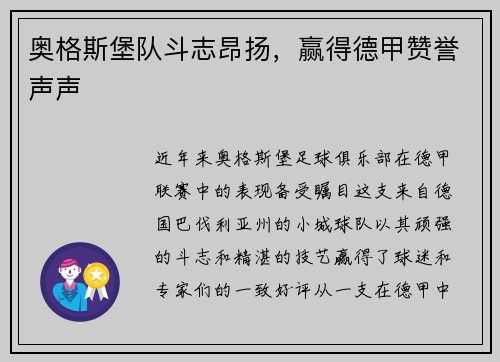 奥格斯堡队斗志昂扬，赢得德甲赞誉声声