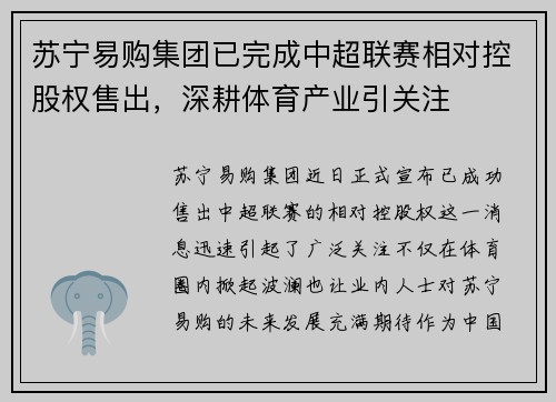 苏宁易购集团已完成中超联赛相对控股权售出，深耕体育产业引关注